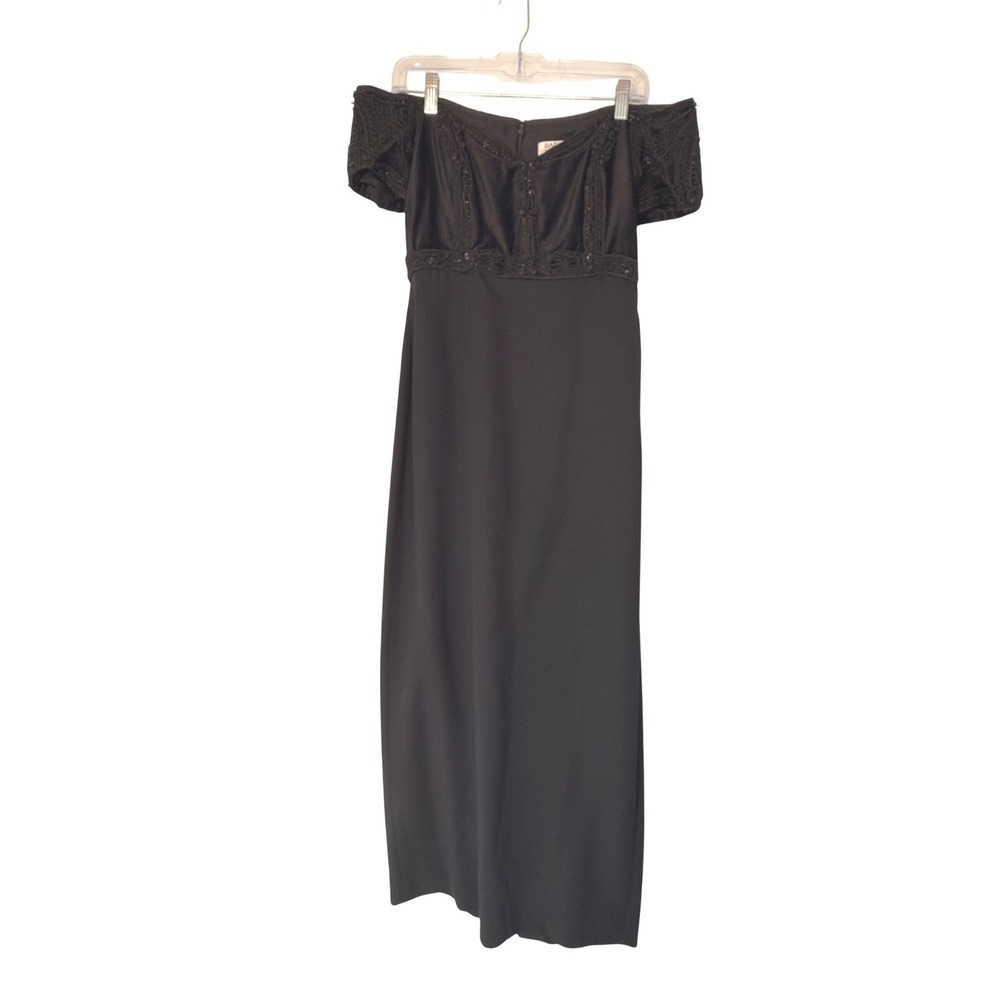 Badgley Mischka‎ Studio Vintage Black Beaded Off Shoulder Gown Maxi Dress Size 8